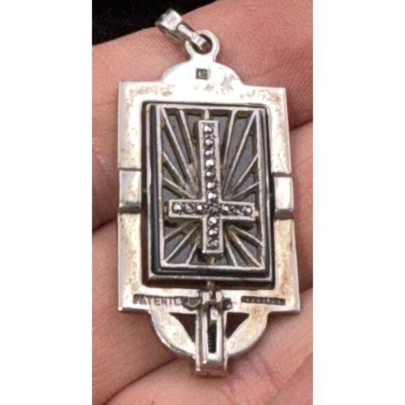 Art Deco Sterling Silver Marcasite Reversible Pendant Cross Floral Signed - Picture 6 of 9